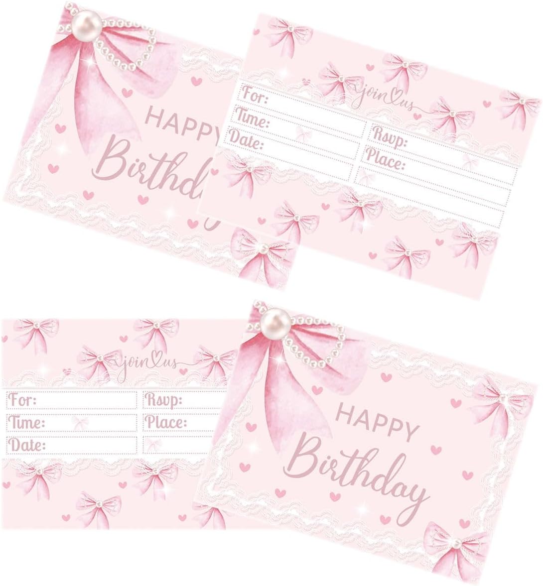 24 Pcs Pink Bow Birthday Invitation Cards