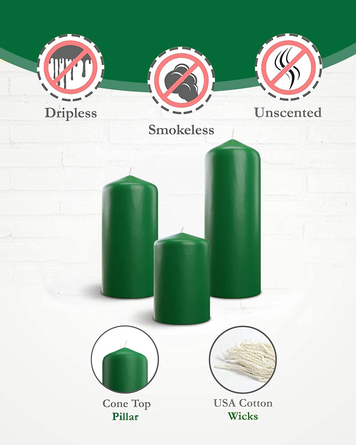 Bask Cone Top Pillar Candles Set of 3 Green