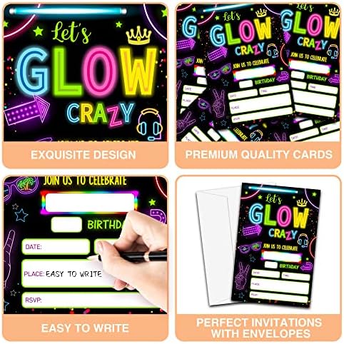 Neon Glow Birthday Invites 20 Count with Envelopes