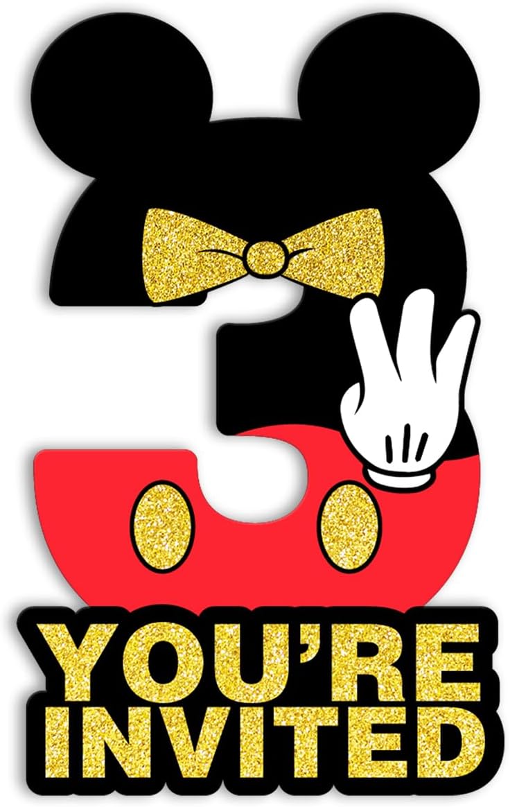 Mouse Boy 3rd Birthday Invitations Black Red Glitter 20 Pack