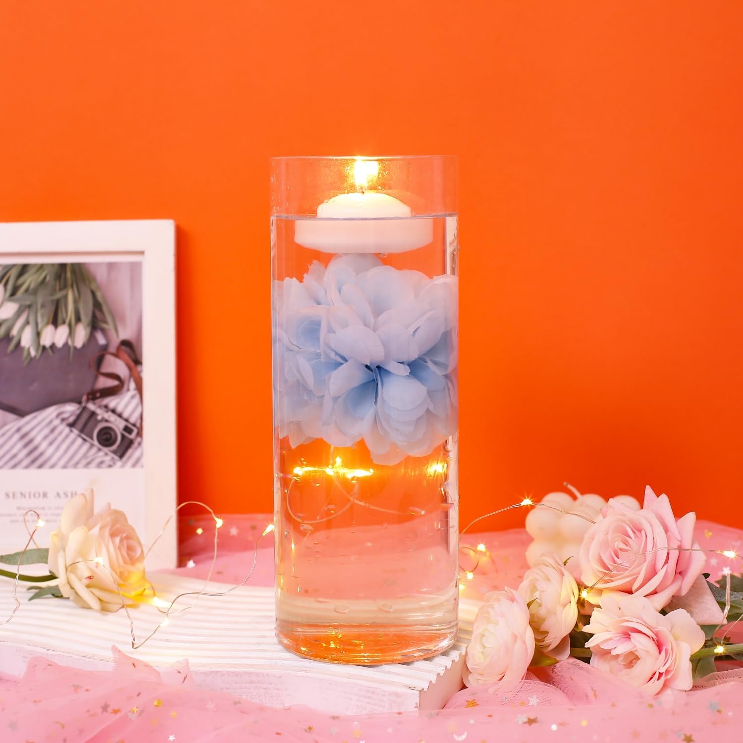 24 Pcs Floating Candles and Artificial Flowers Set Blue