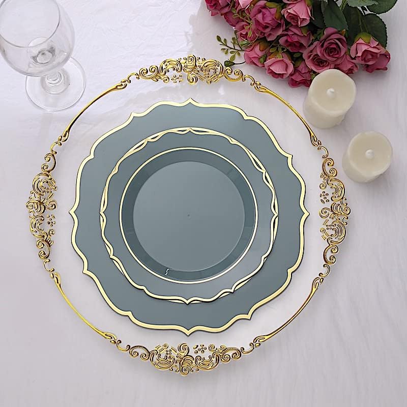 Balsa Circle 10 Dusty Blue 8-Inch Plastic Dinner Plates with Gold Rim