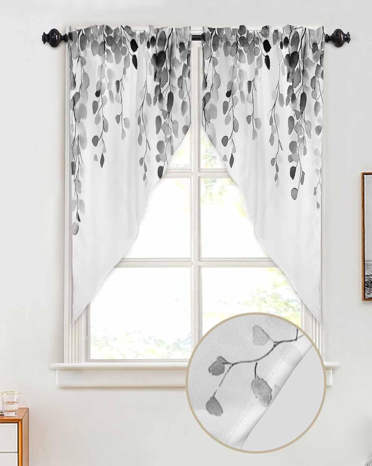Grey Eucalyptus Leaves Window Valance with 2 Panels 36x45 Inches