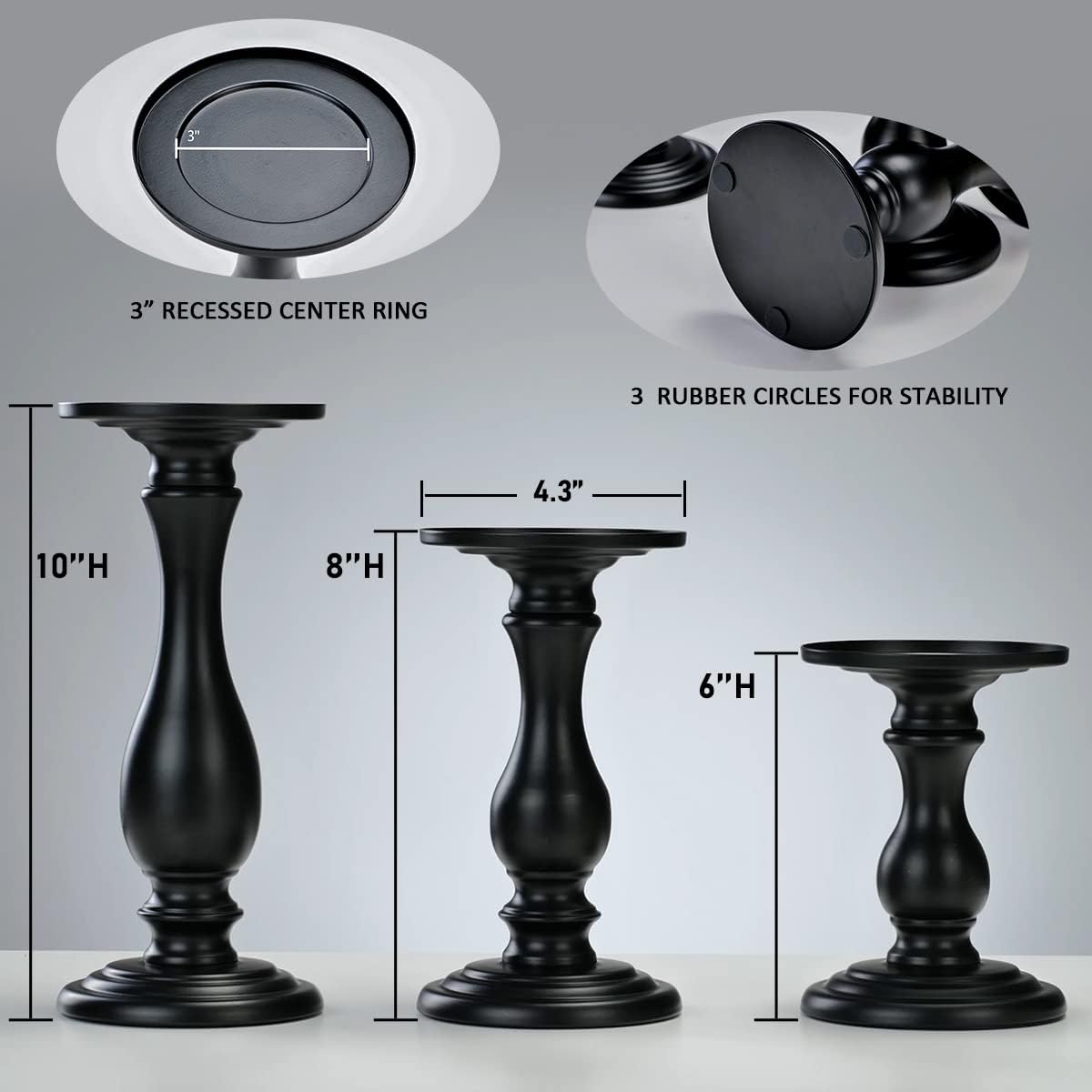 Set of 3 Matte Black Candle Holders for Decor