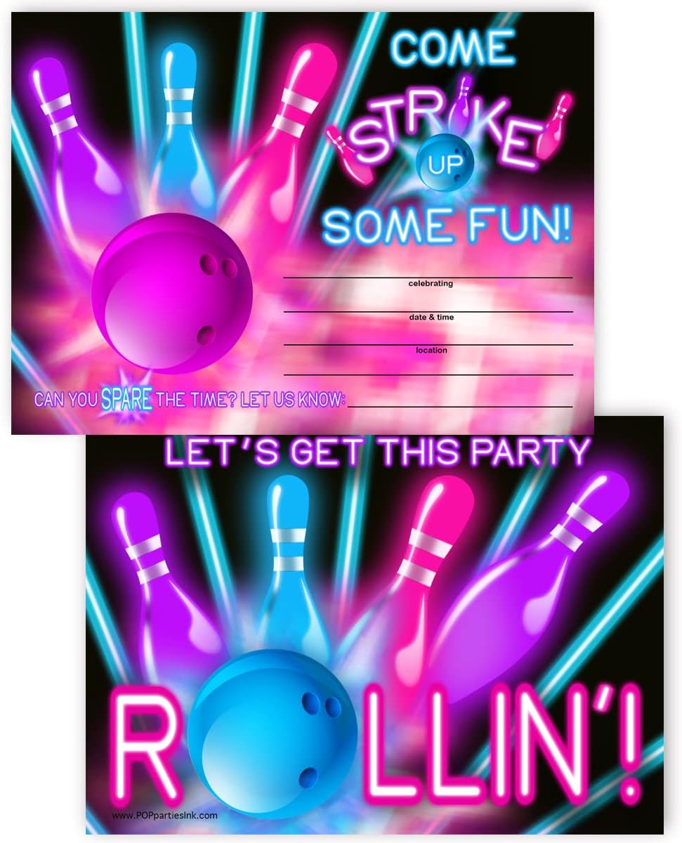 POP Parties Ink Glow Pink Bowling Party Invitations - 20 Pieces