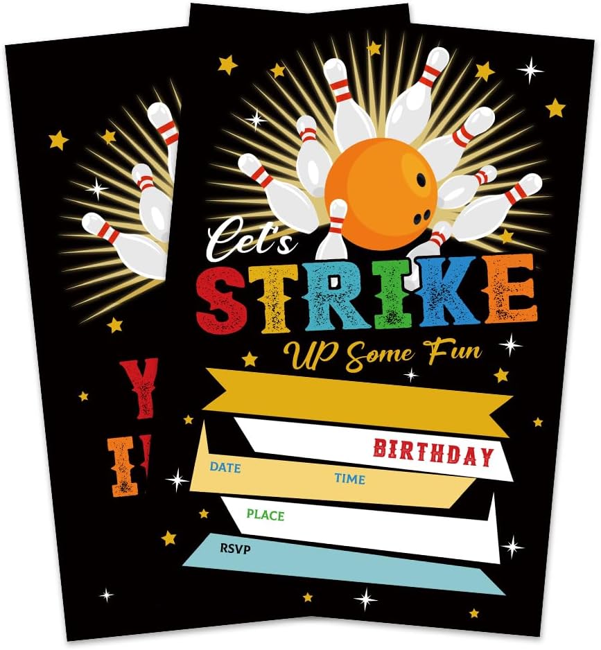 Glitter Bowling Ball Birthday Invitation Cards 4x6 Double Sided