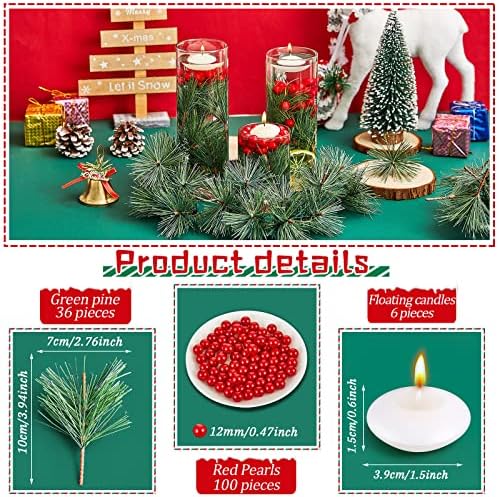 MTLEE 142 Pcs Christmas Vase Fillers with Floating Candles and Pine Needles