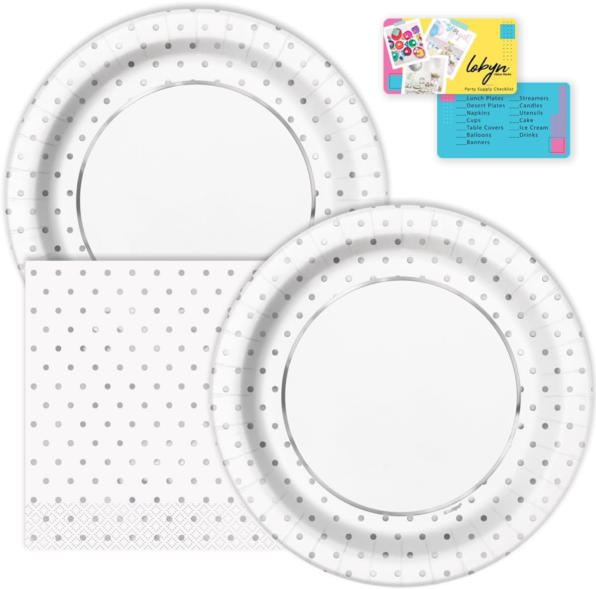 Lobyn 32 Piece Silver Polka Dot Plates and Napkins Set