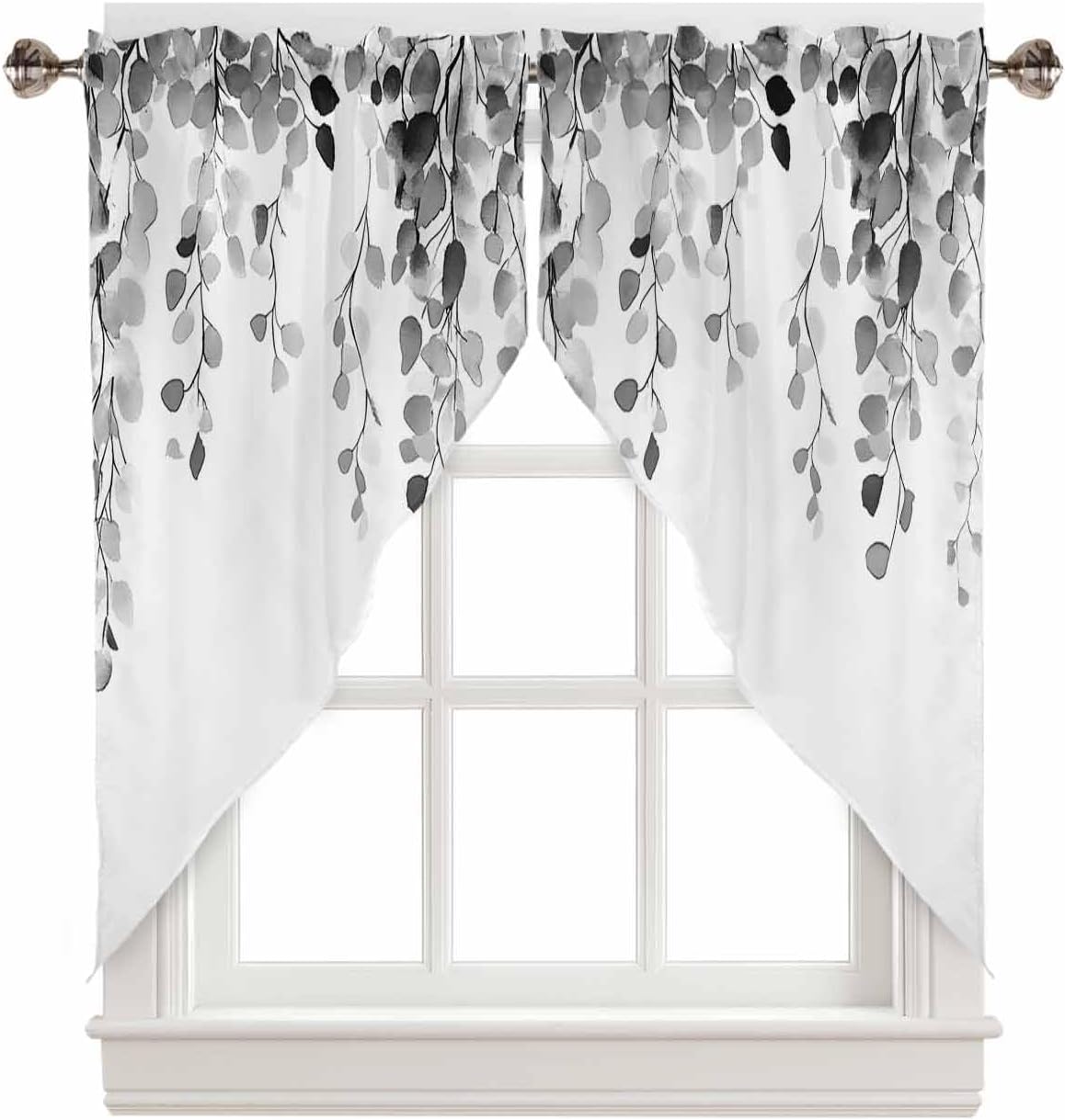Grey Eucalyptus Leaves Window Valance with 2 Panels 36x45 Inches