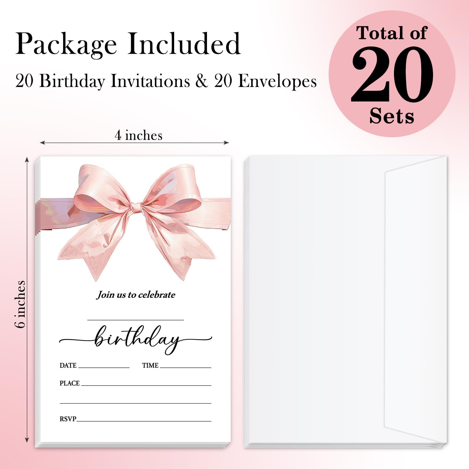 Pink Bow Birthday Invites Cards for Girls Women