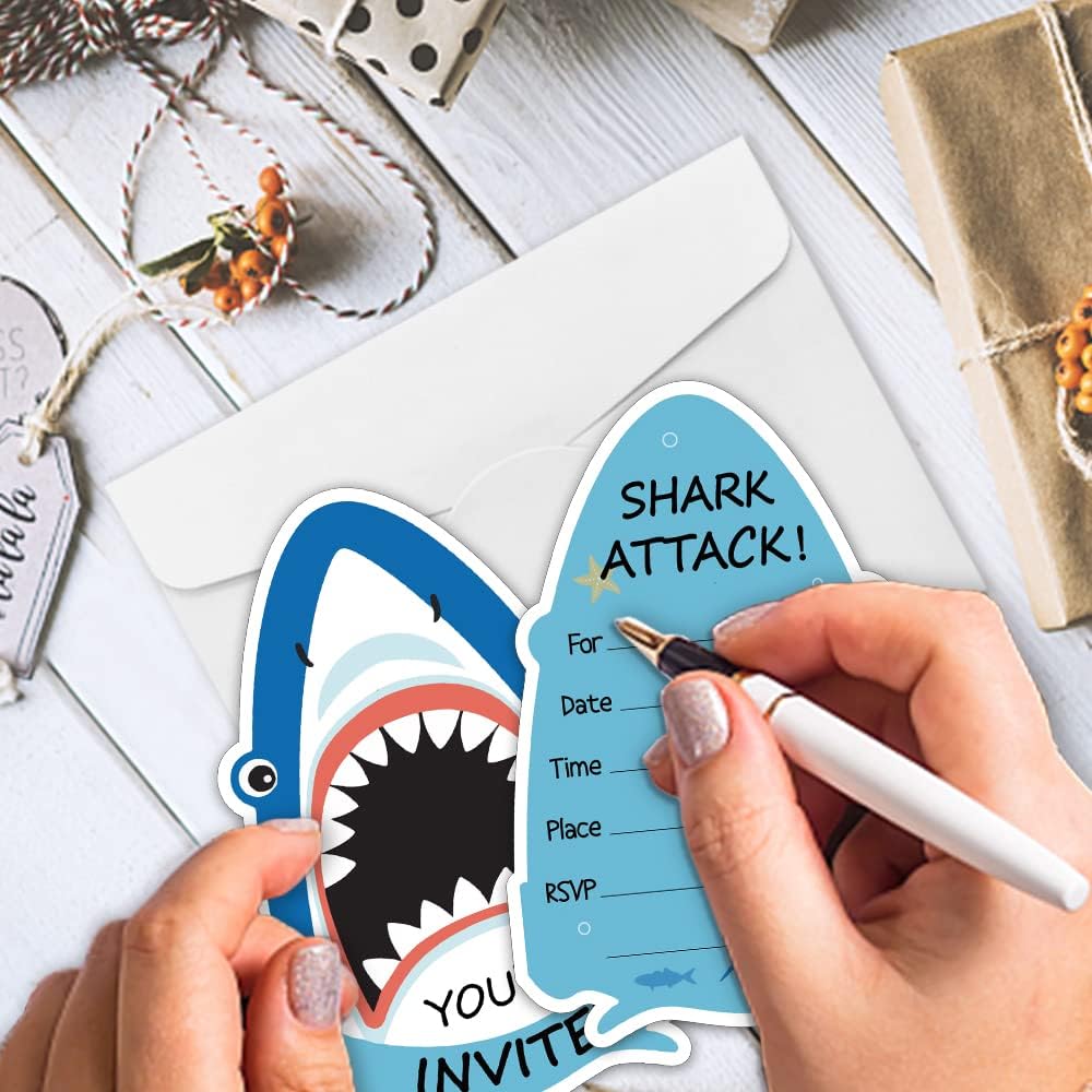 REWIDPARTY Shark Shaped Birthday Invitations Set of 15