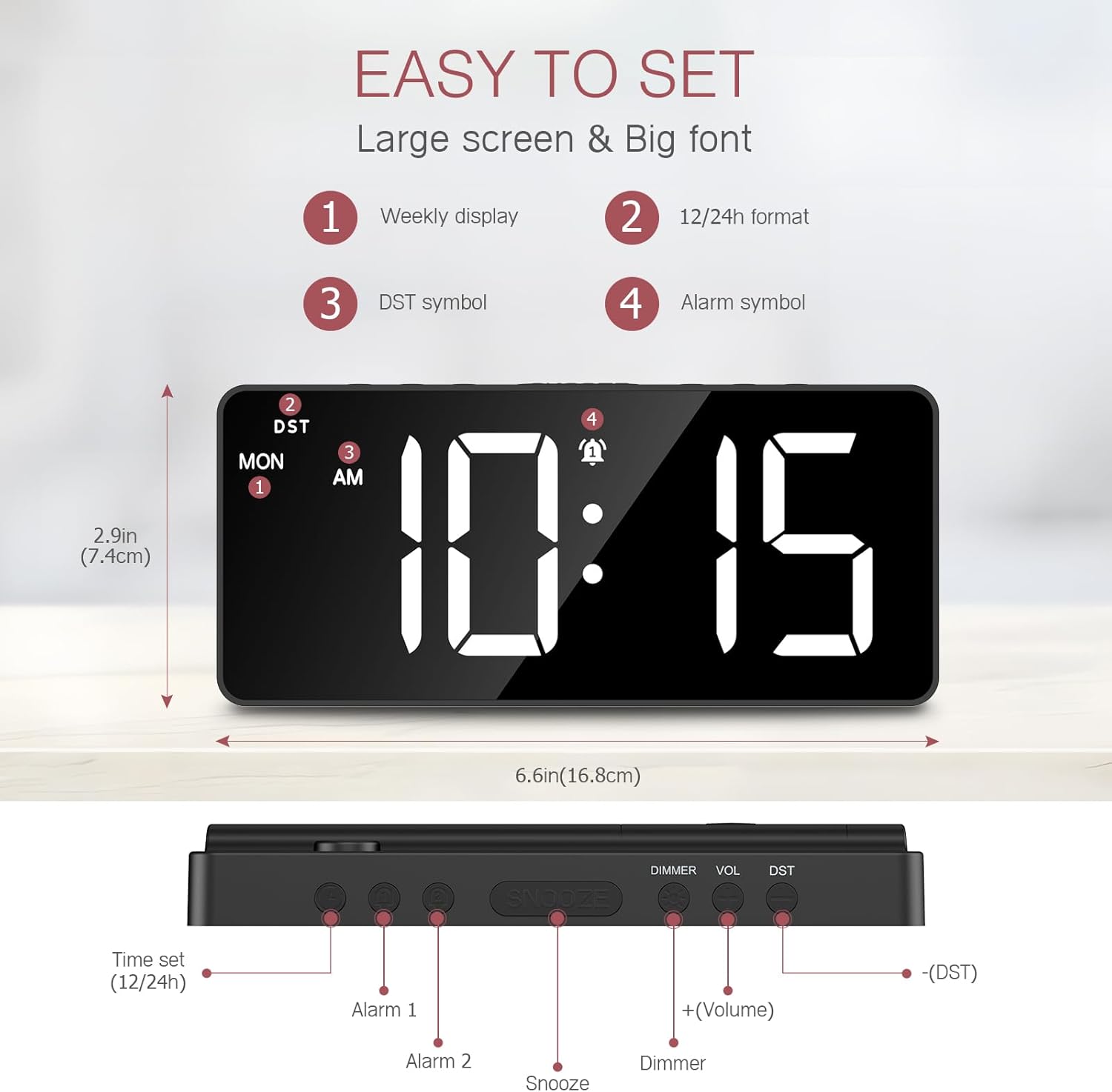 LOFICOPER 7 Inch Digital Alarm Clock with Dual Alarms