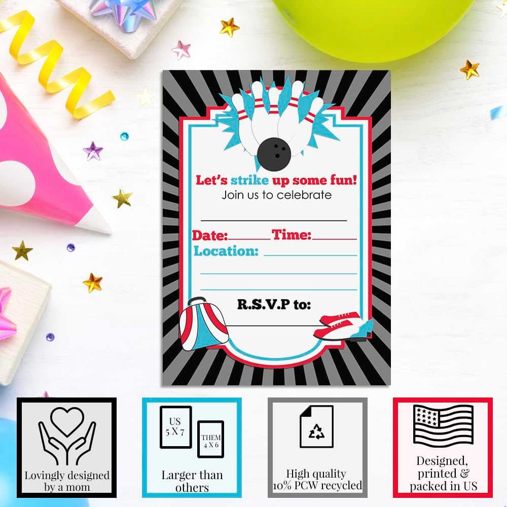 Bowling Birthday Invites 20pcs 5x7 Fill In Cards with Envelopes by AmandaCreation