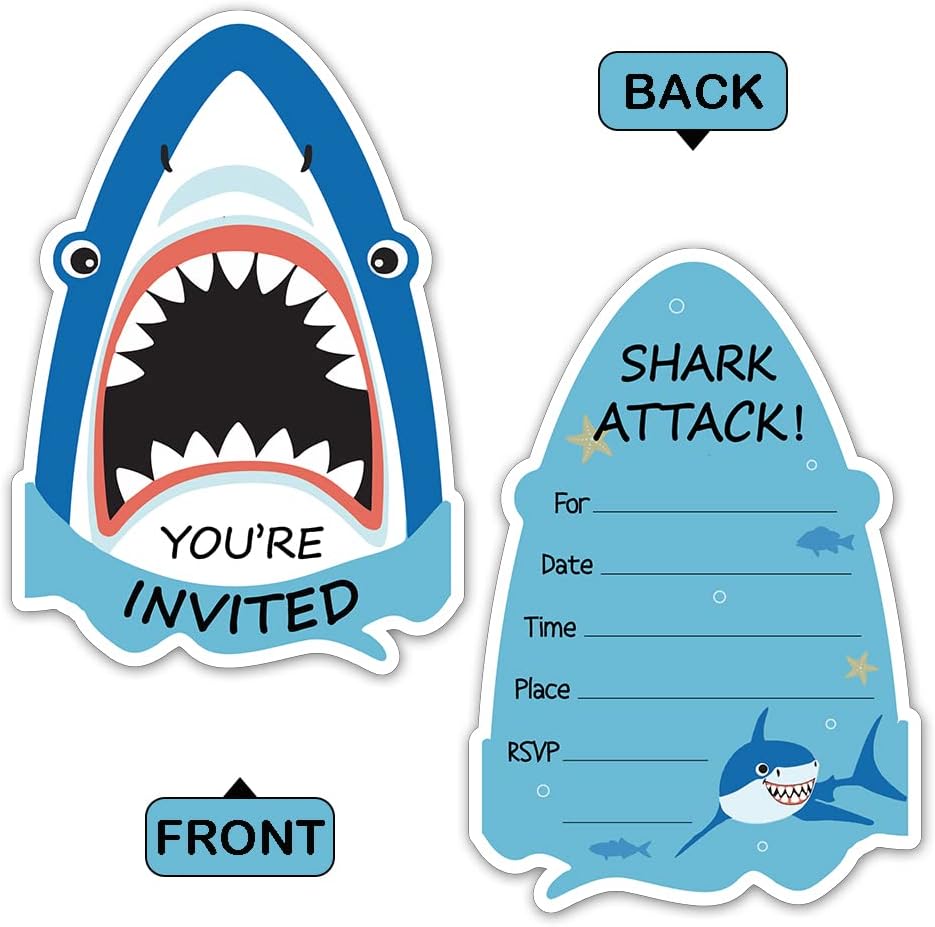REWIDPARTY Shark Shaped Birthday Invitations Set of 15