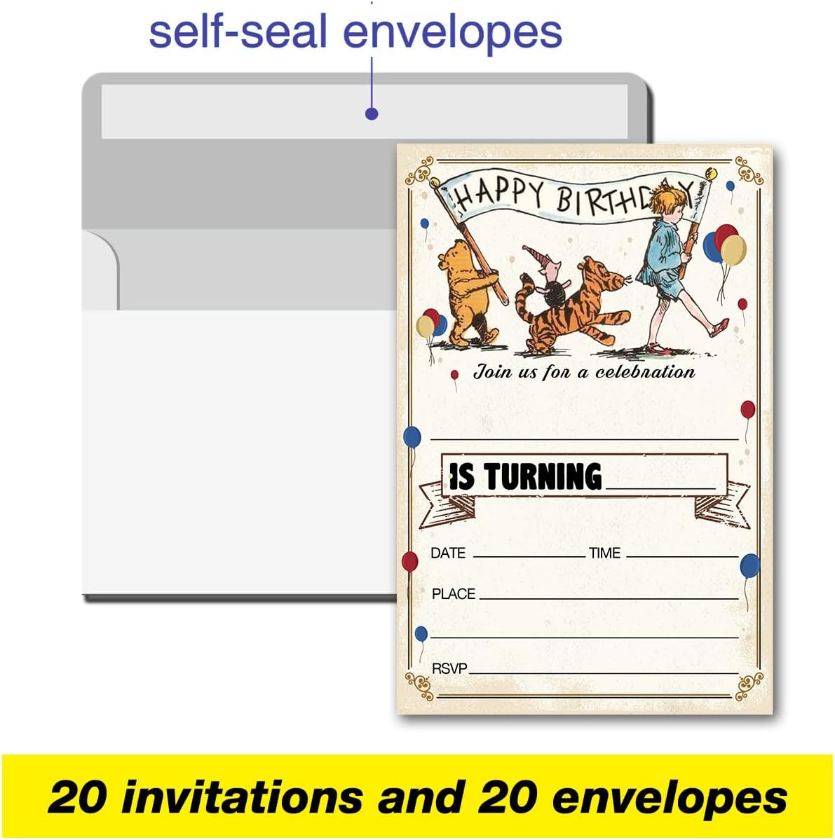Winnie the Pooh Birthday Invitations 20 Cards with Envelopes