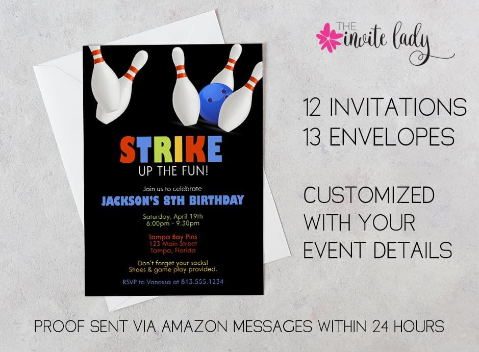 Personalized Bowling Party Invites Boy Birthday 12 Count