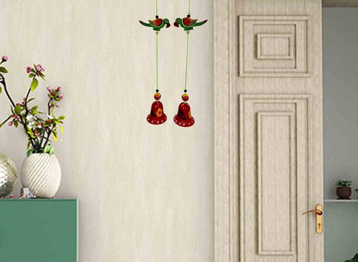 Purpledip Wall Hanging with Parrots and Bells Set of 2
