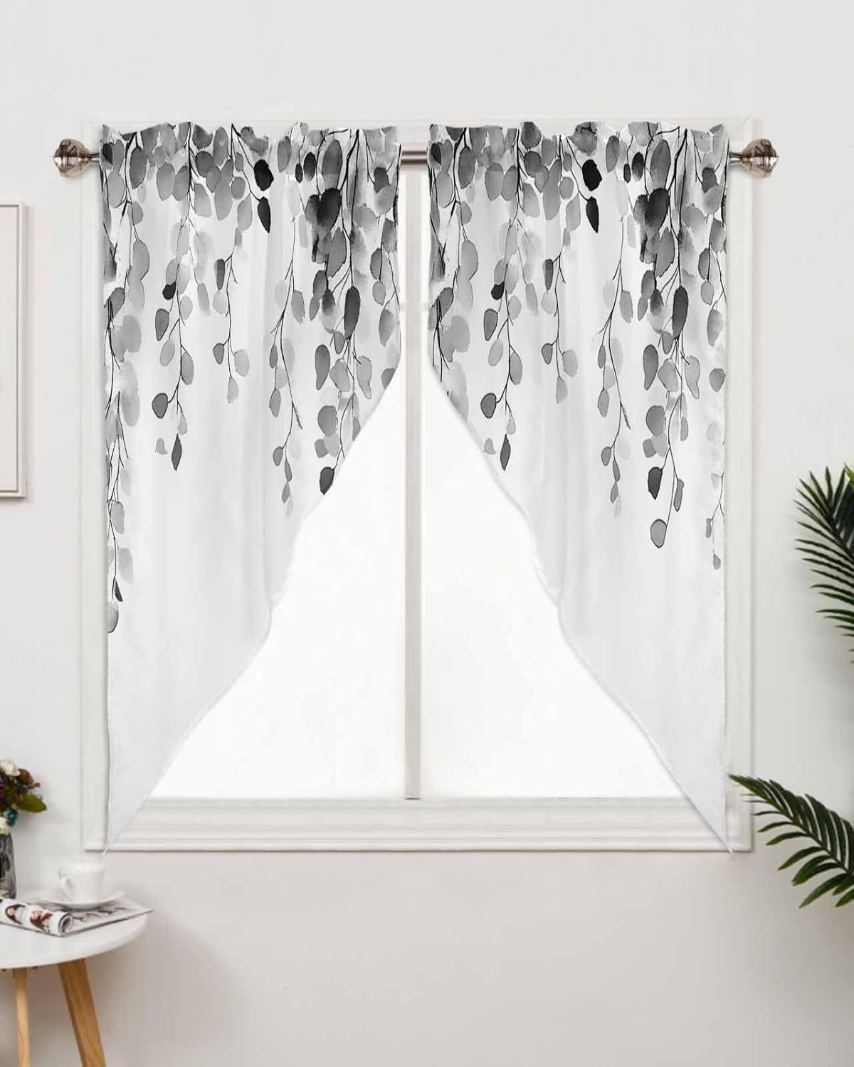 Grey Eucalyptus Leaves Window Valance with 2 Panels 36x45 Inches