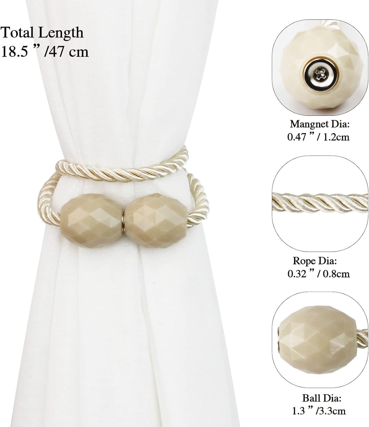 Porlau Strong Magnetic Curtain Holdbacks Beige 6 Pack