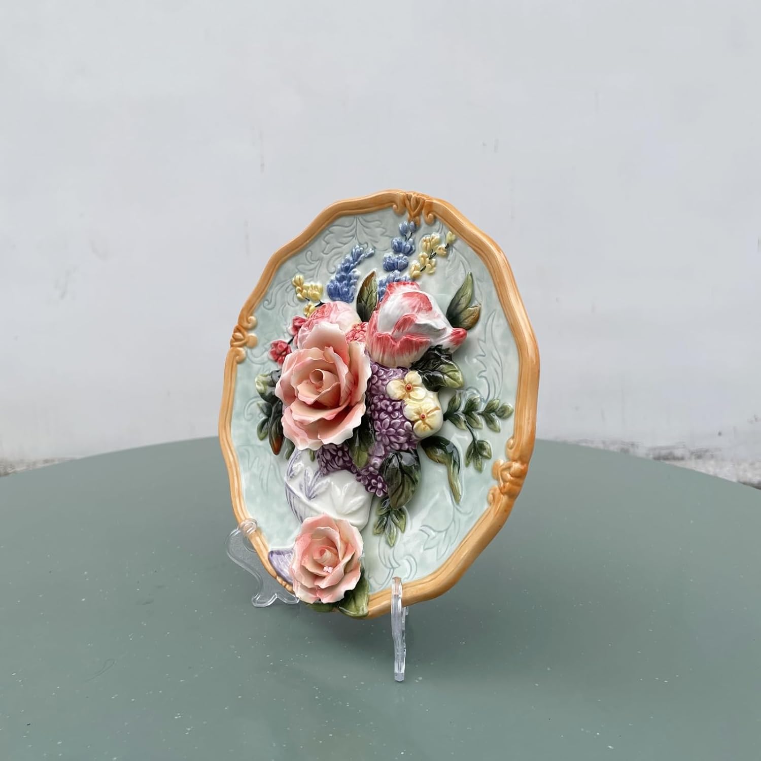 Ceramic Decorative Plate with 3D Red Rose Design - 8 Inch