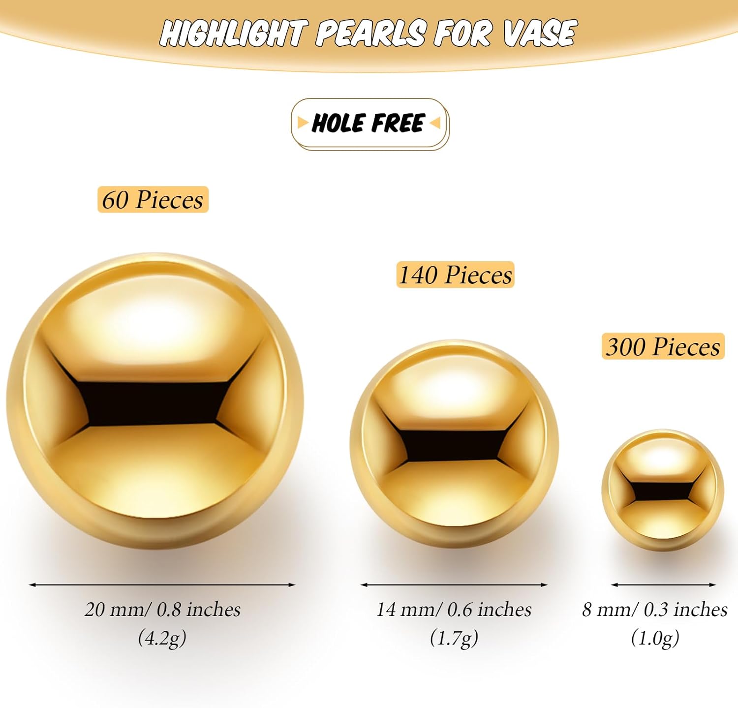 Junkin 500 Pcs Mixed Size Gloss Pearl Vase Fillers Gold
