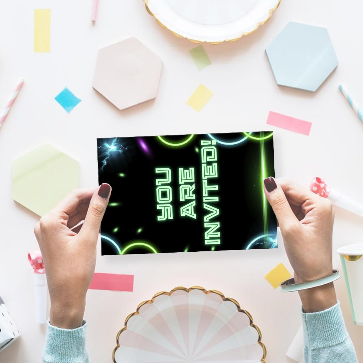 Neon Bowling Party Invites 20 Cards with Envelopes Double Sided