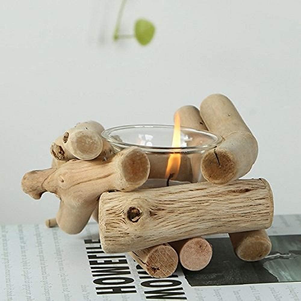 Sziqiqi Handmade Wooden Tea Light Candle Holder with Glass Cup
