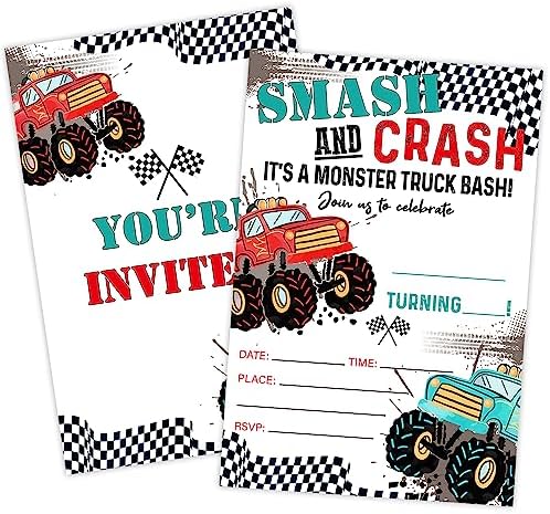 20 Pcs Monster Truck Birthday Invitations with Envelopes