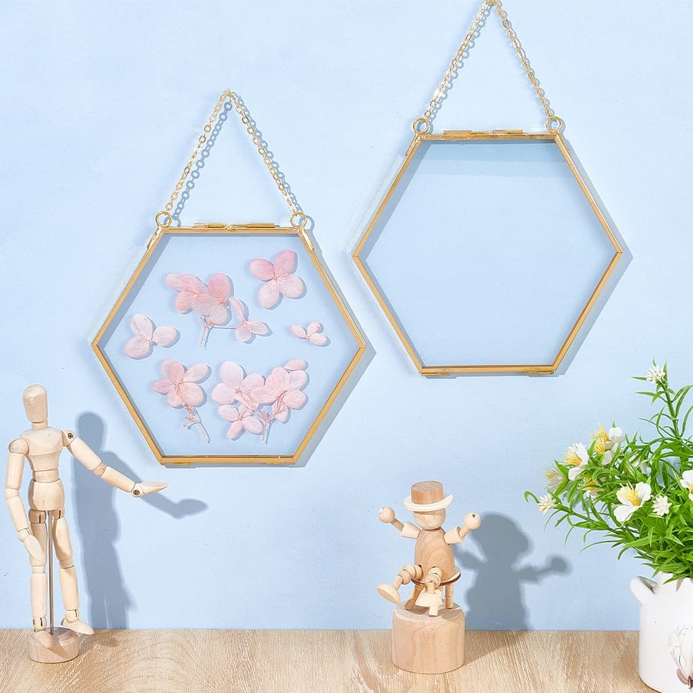 UNICRAFTALE 2Pcs Floating Glass Photo Frame with Golden Pressed Flowers