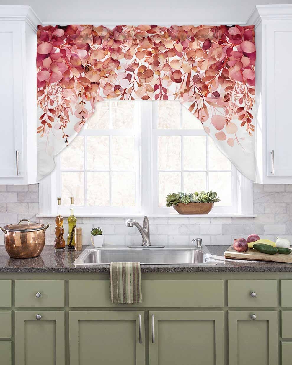 Red Eucalyptus Leaves Swag Valance for Kitchen Window