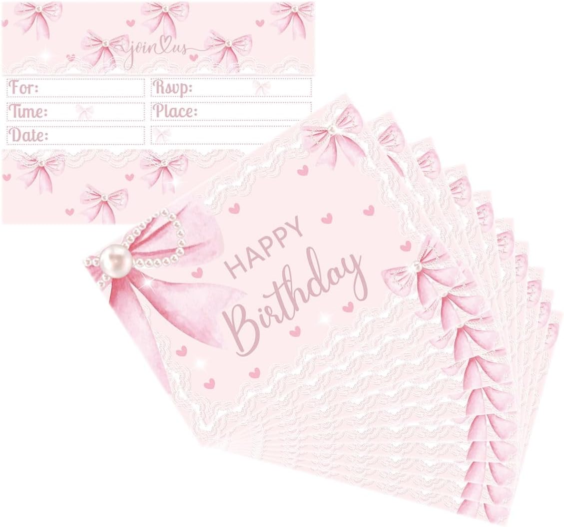 24 Pcs Pink Bow Birthday Invitation Cards