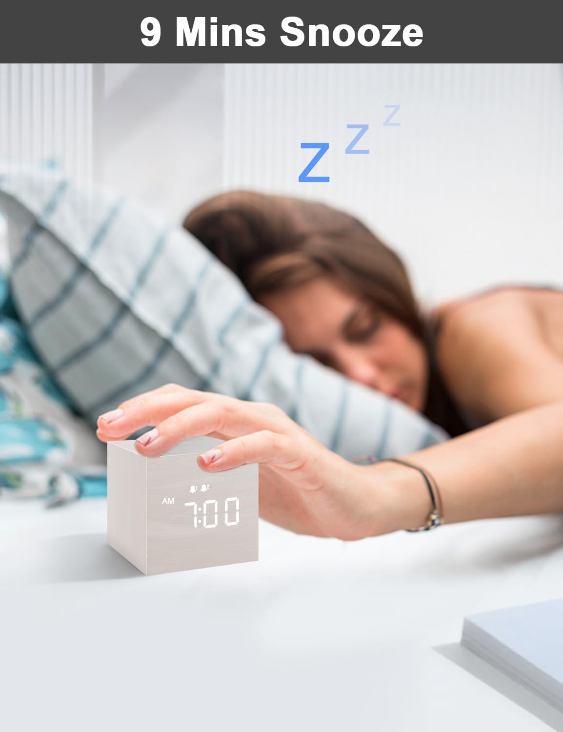 JALL Digital Alarm Clock with Wooden LED Display 3 Alarm White