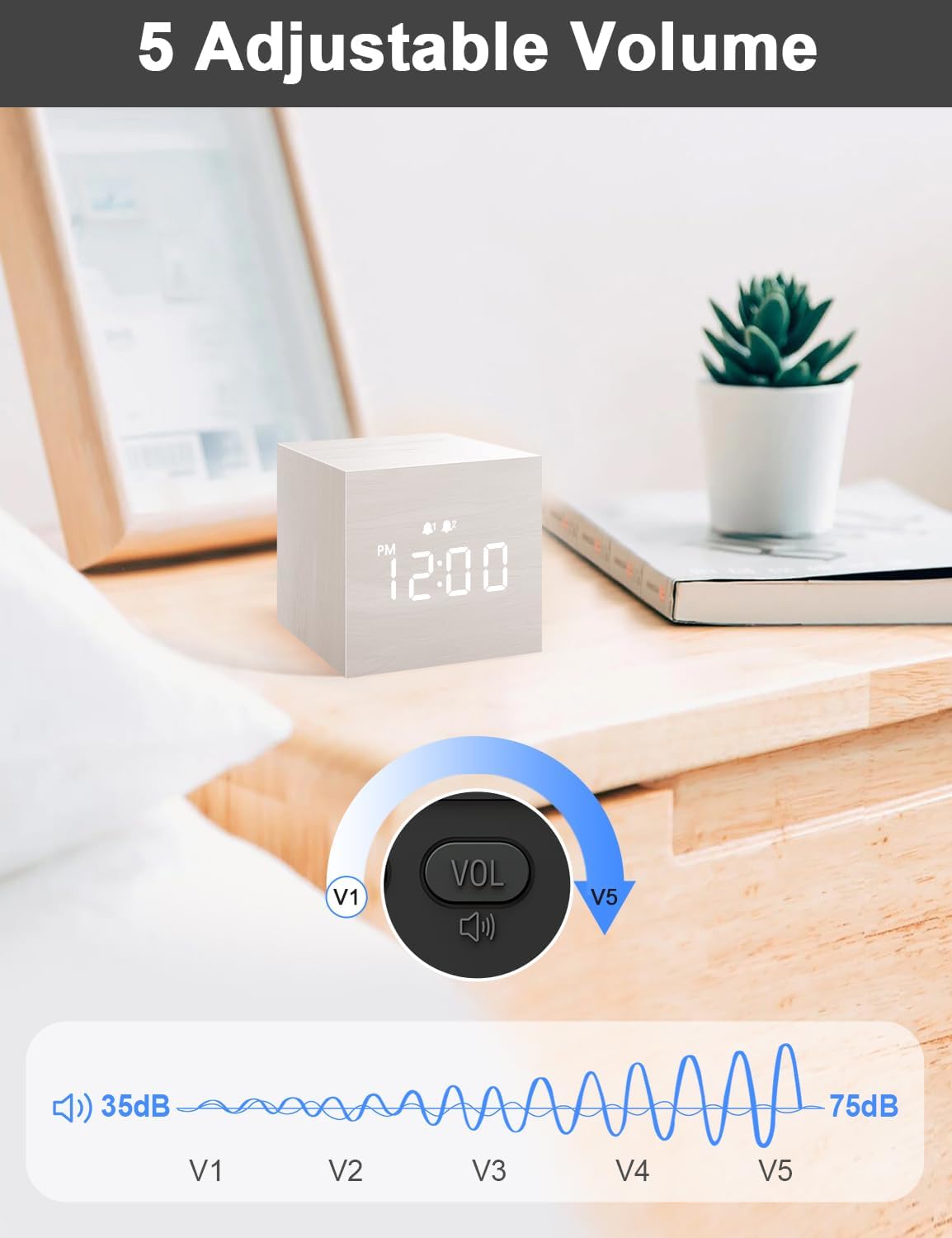 JALL Digital Alarm Clock with Wooden LED Display 3 Alarm White
