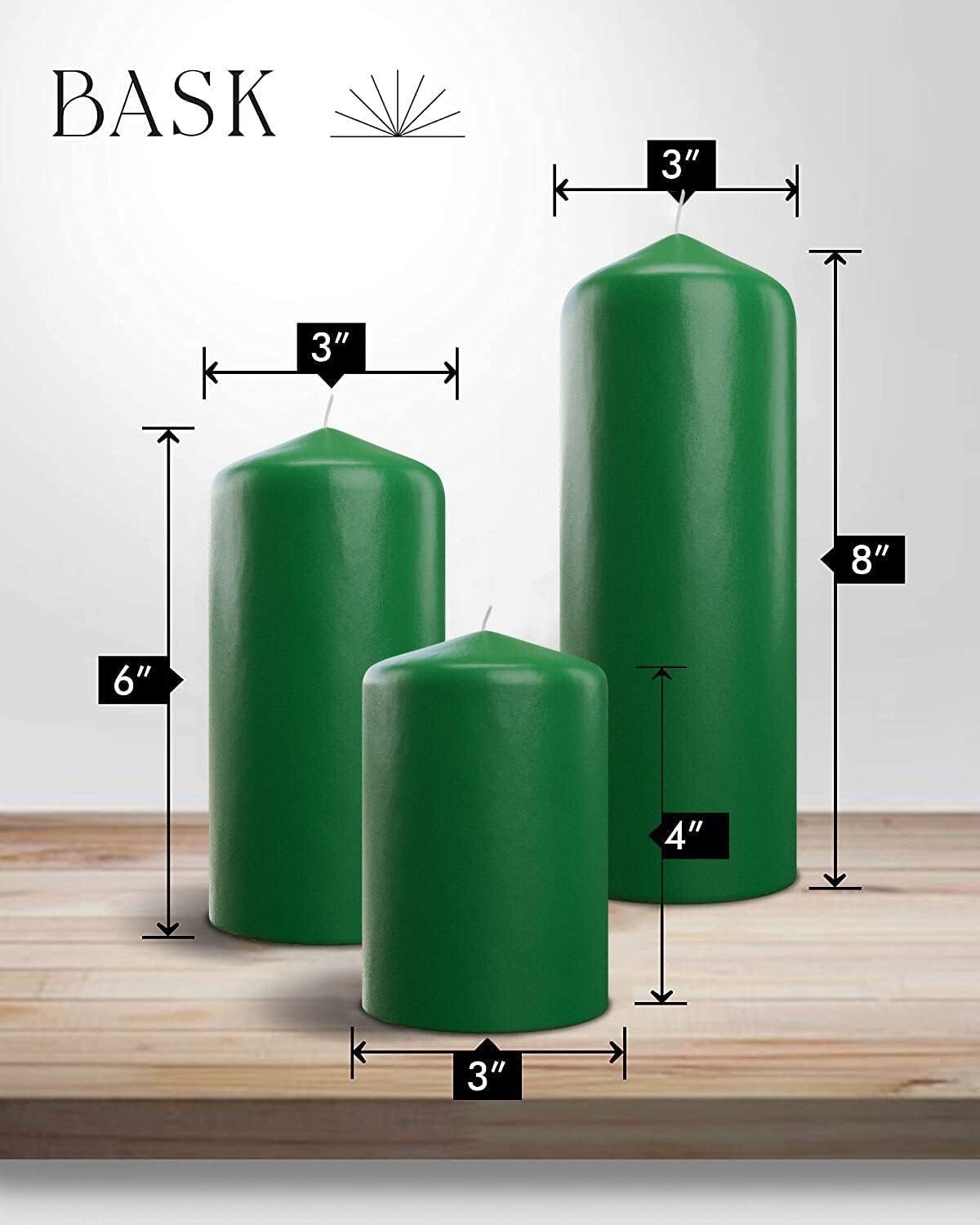 Bask Cone Top Pillar Candles Set of 3 Green