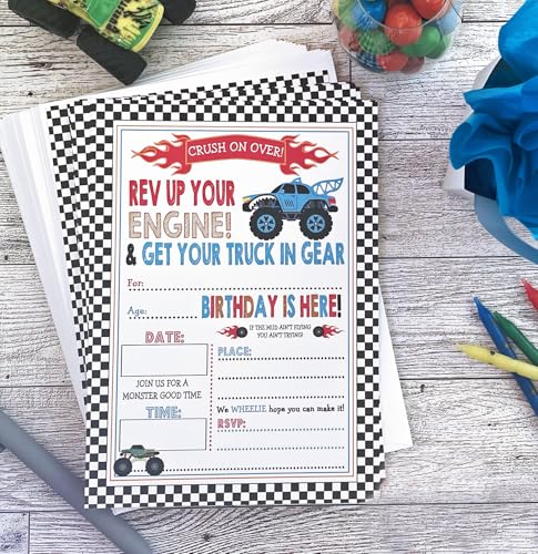 Monster Truck Birthday Invitations Set of 15 with Envelopes