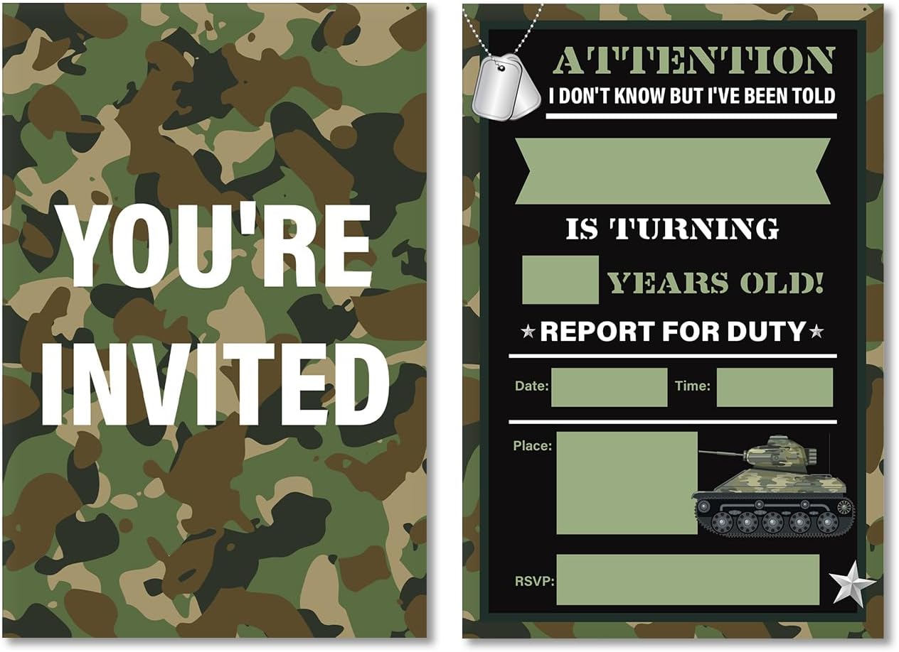 Soiceu Army Birthday Invitations Set of 20 with Envelopes