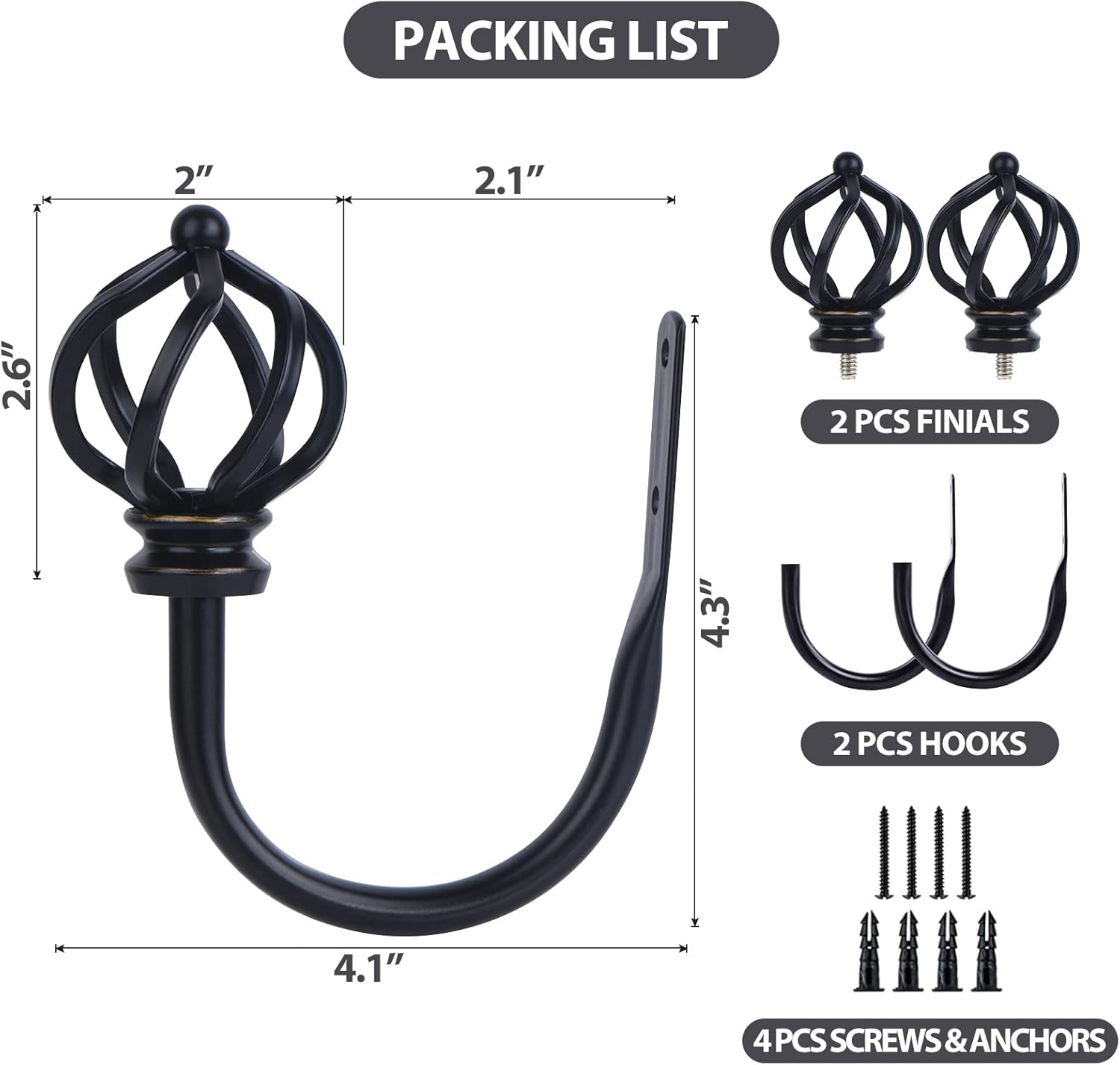 KAMANINA Black Twisted Cage Curtain Holdbacks Small 2 Pack