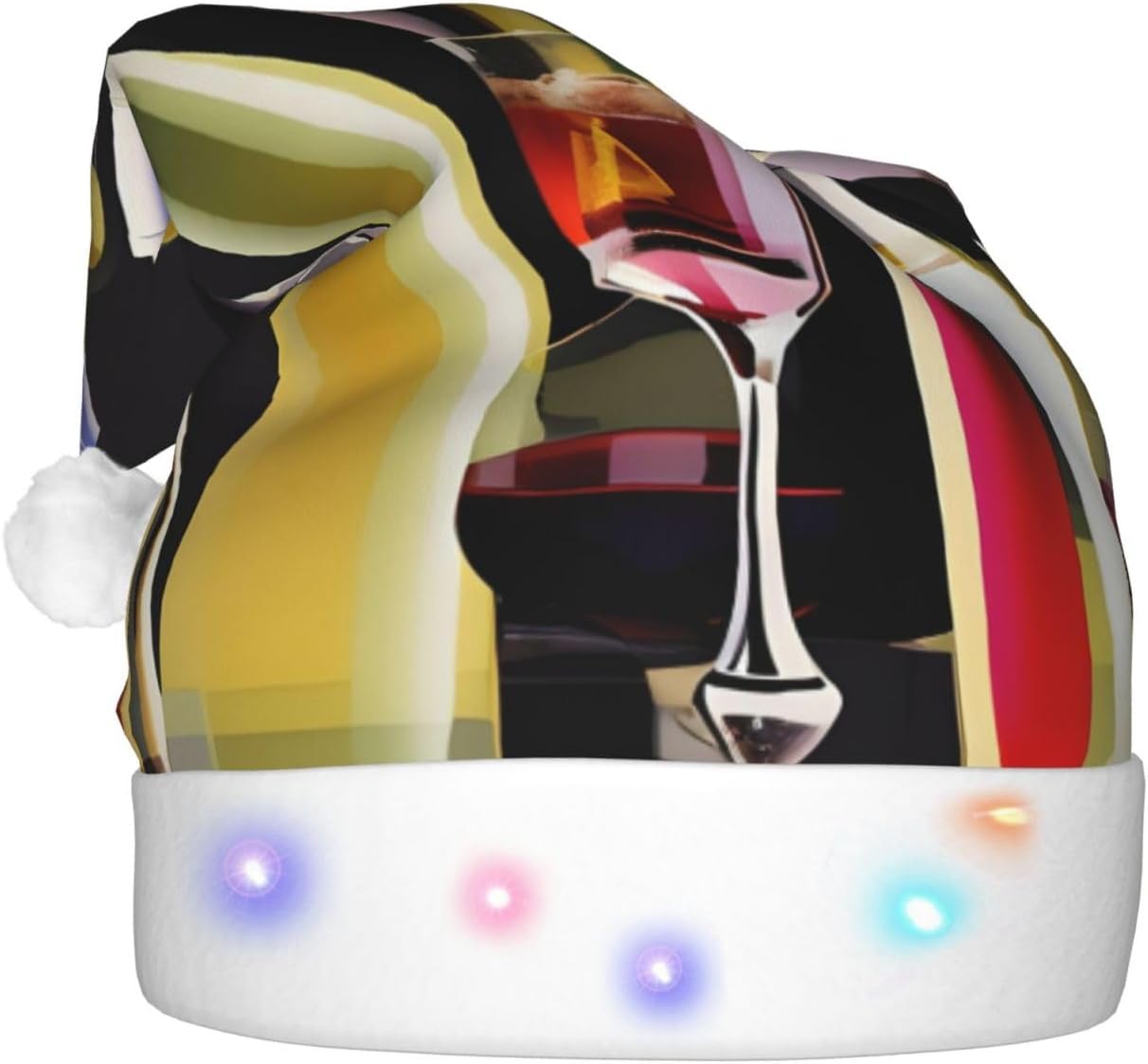 Cocktail Glasses Wine Bottles Print Christmas Hat with LED Lights