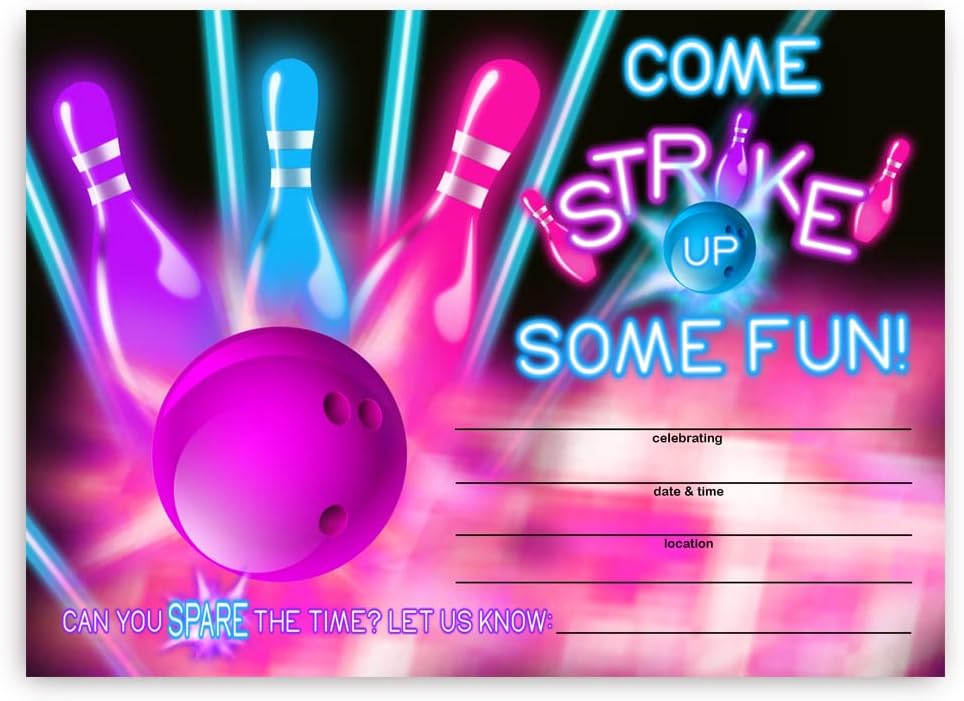 POP Parties Ink Glow Pink Bowling Party Invitations - 20 Pieces