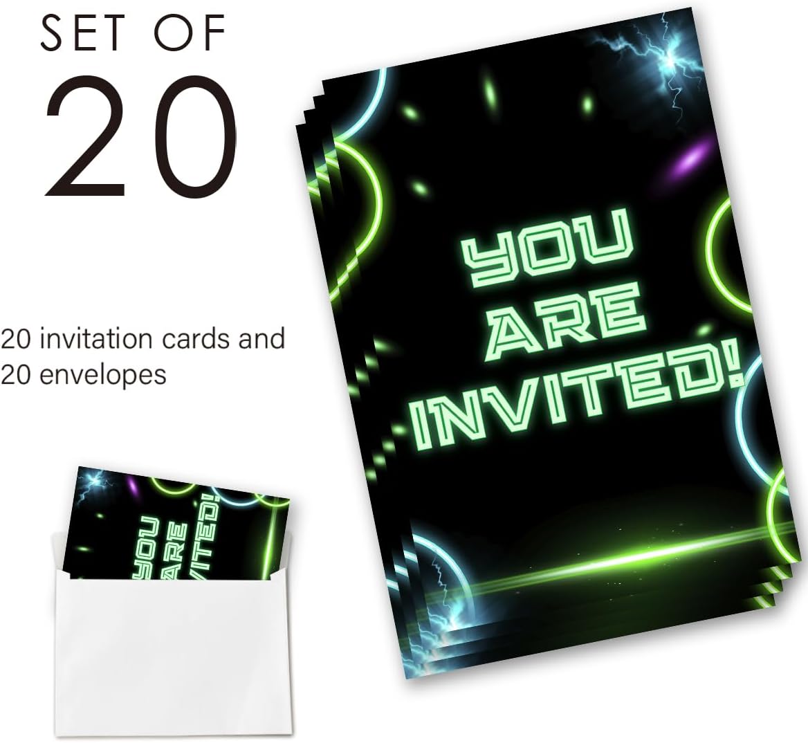 Neon Bowling Party Invites 20 Cards with Envelopes Double Sided