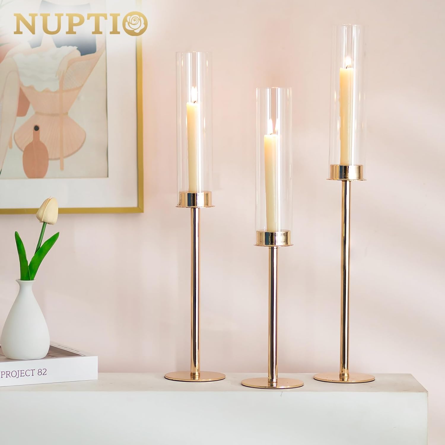NUPTIO Gold Taper Candle Holders 3 Pcs Hurricane Candlestick