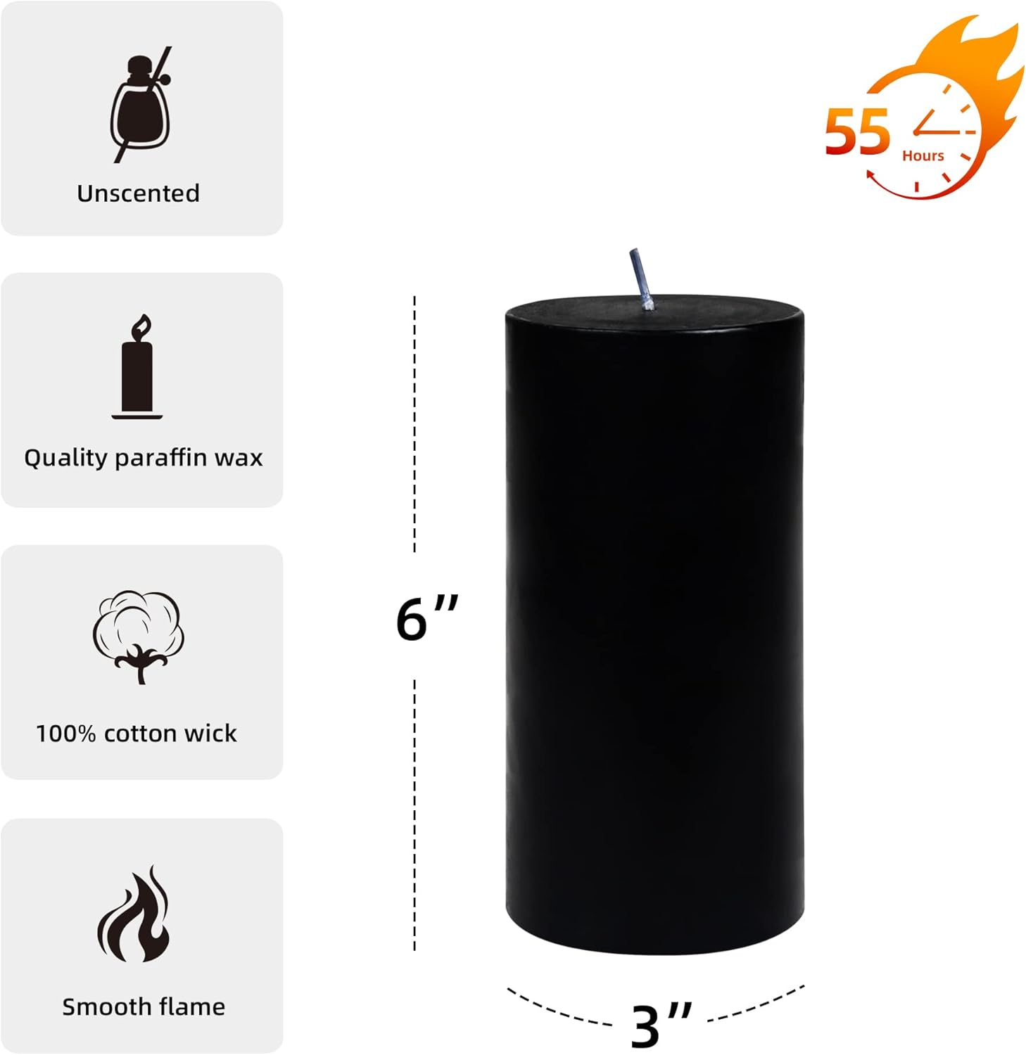 6 Inch Black Pillar Candle with 90 Hours Burn Time