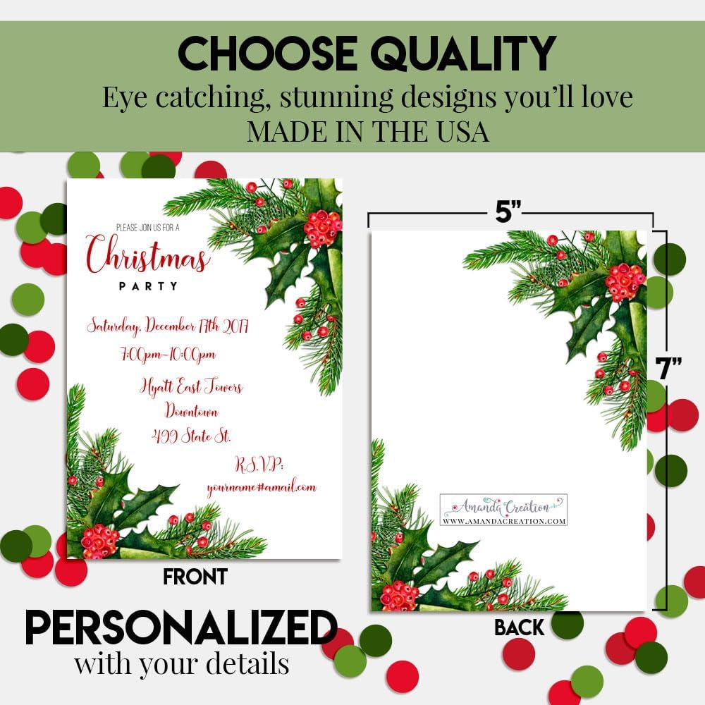 Personalized Christmas Holly Berries Party Invites 20 Pack with Envelopes
