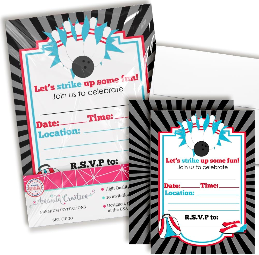 Bowling Birthday Invites 20pcs 5x7 Fill In Cards with Envelopes by AmandaCreation