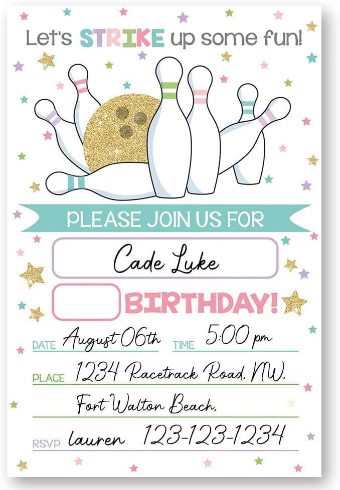 Bowling Birthday Invitation Cards Set of 20