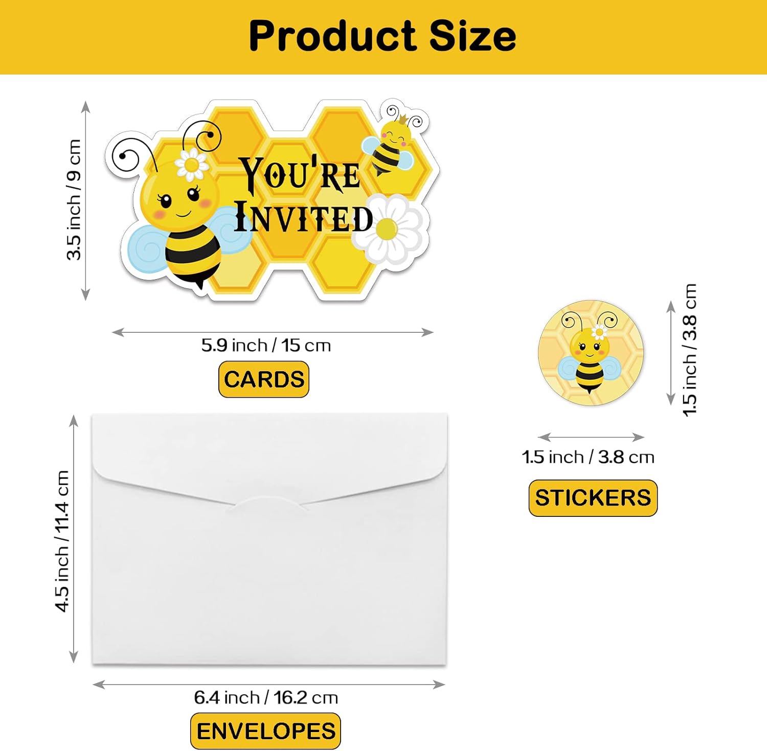 20 Pack Bee Shape Birthday Invitations with Envelopes and Stickers