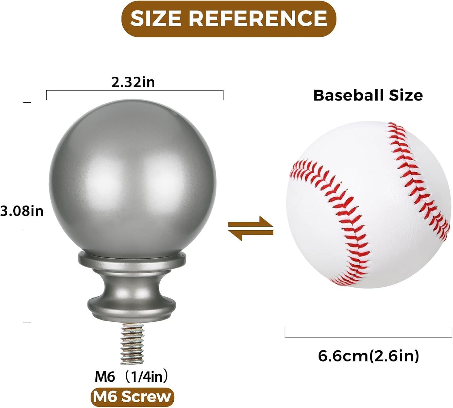 KAMANINA Antique Silver Round Finials 2pcs M6 Screw