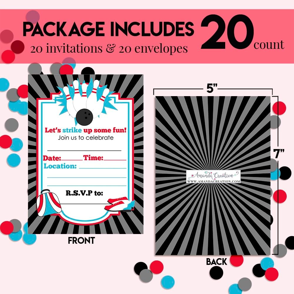 Bowling Birthday Invites 20pcs 5x7 Fill In Cards with Envelopes by AmandaCreation
