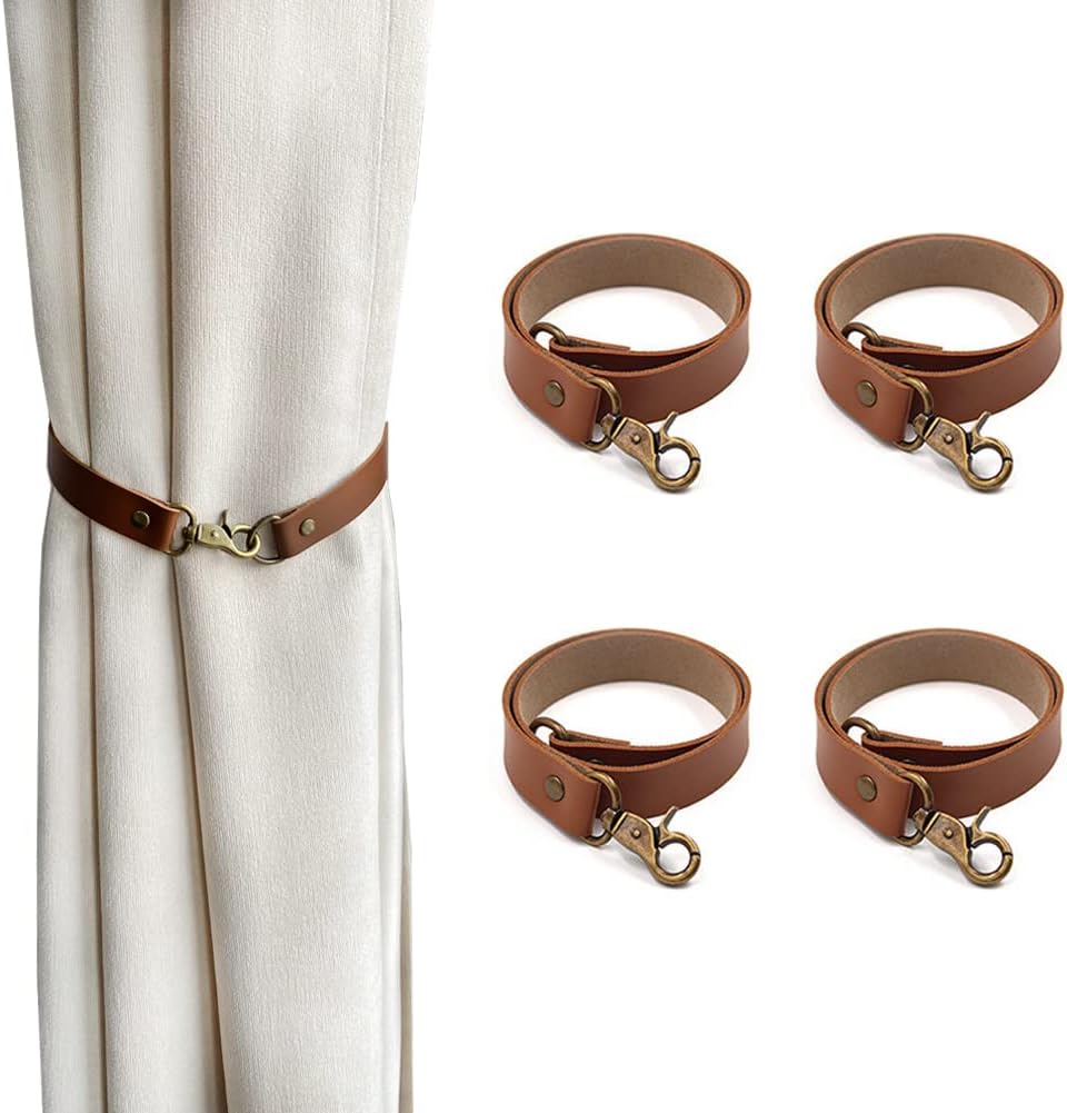 Leather Curtain Holdbacks 4Pcs Brown Classic No-Drilling Ties