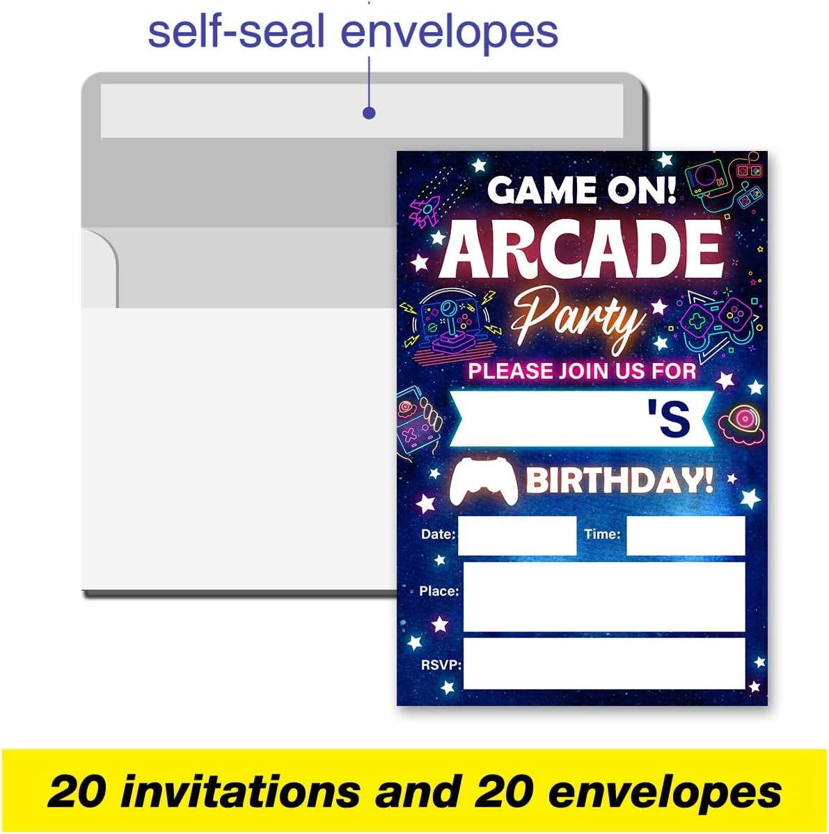 VAHATAN Arcade Party Birthday Invitations 20 Pack with Envelopes